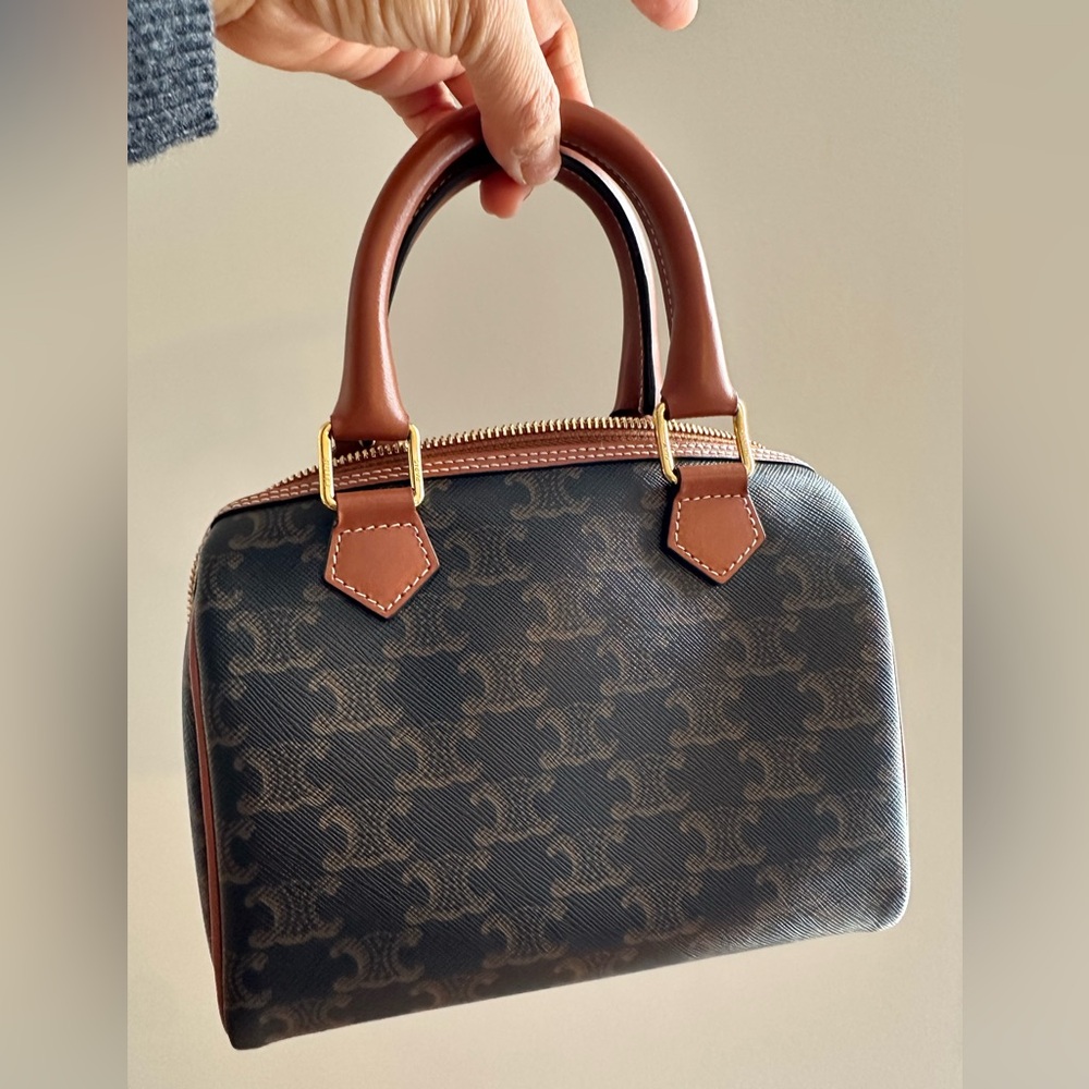 Celine Triomphe Canvas Calfskin Small Boston Bag Tan